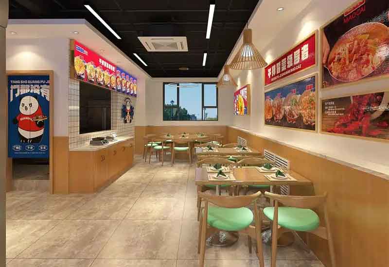 鄭州麻辣燙店裝修設(shè)計：熱鬧氛圍與自選餐臺設(shè)計